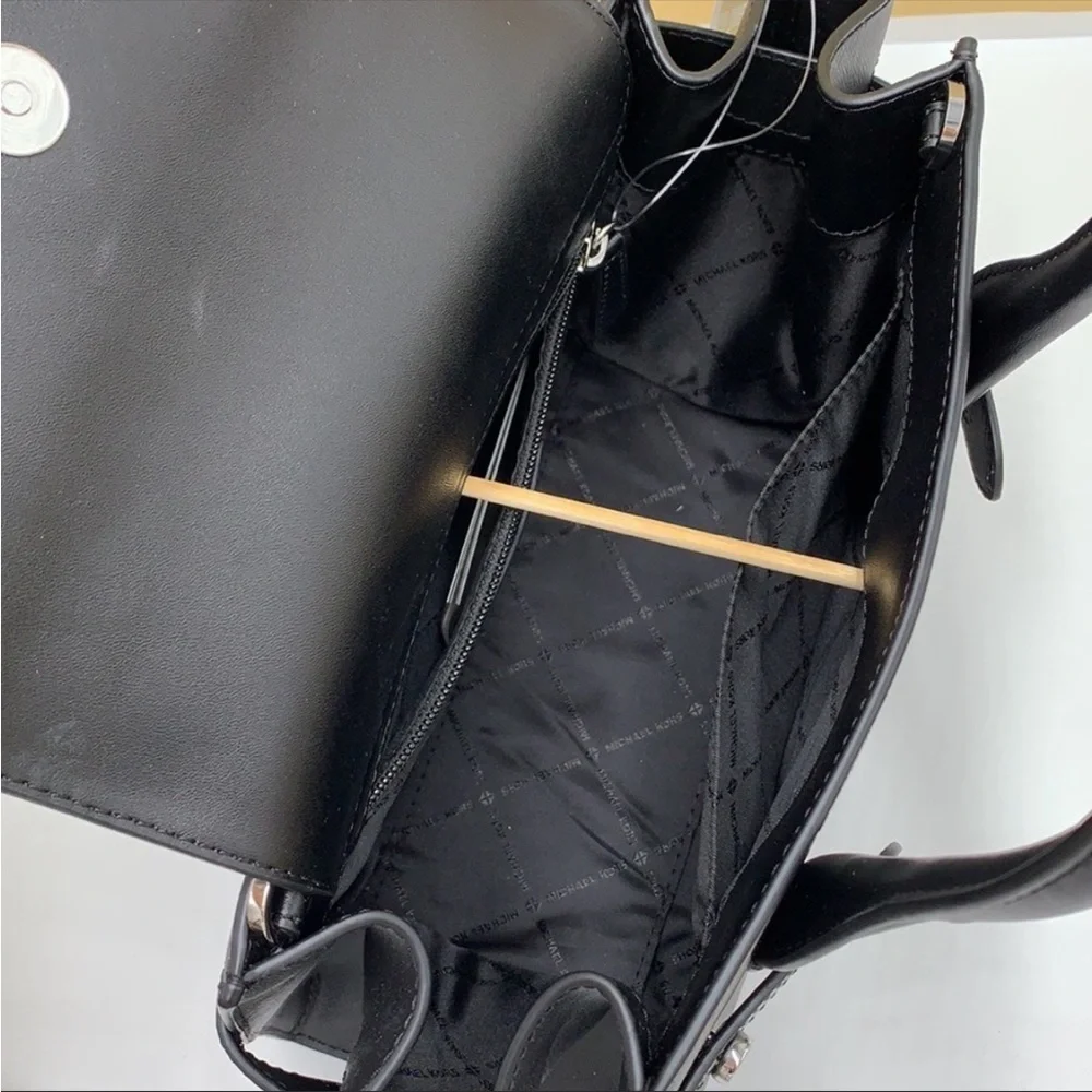MICHAEL KORS Carmen Medium Faux Leather Belted Satchel Black Color